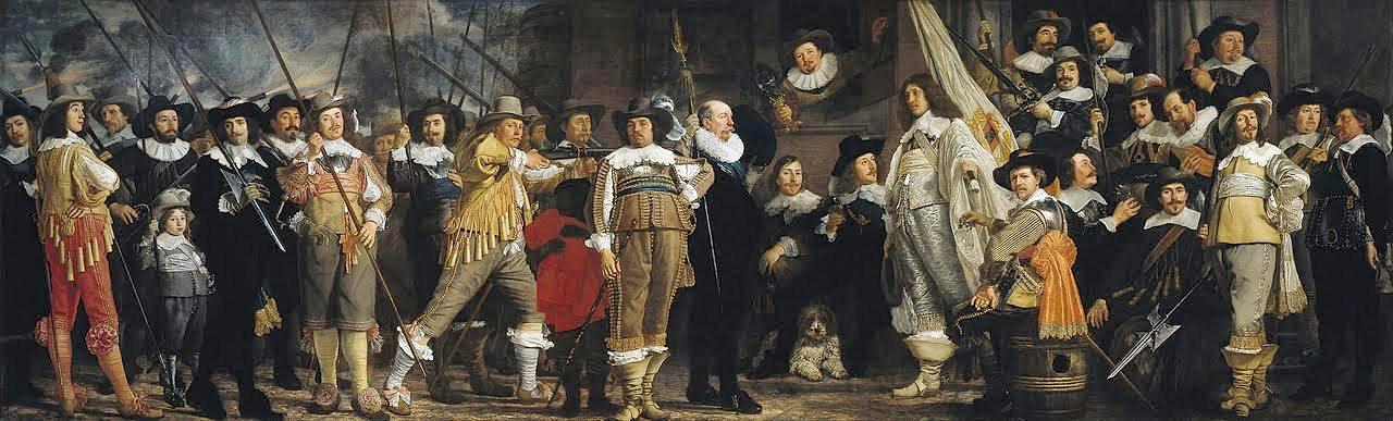 Schuttersmaaltijd in de Schutters van wijk VIII in Amsterdam onder leiding van kapitein Roelof Bicker, Bartholomeus van der Helst, ca. 1640 - ca. 1643