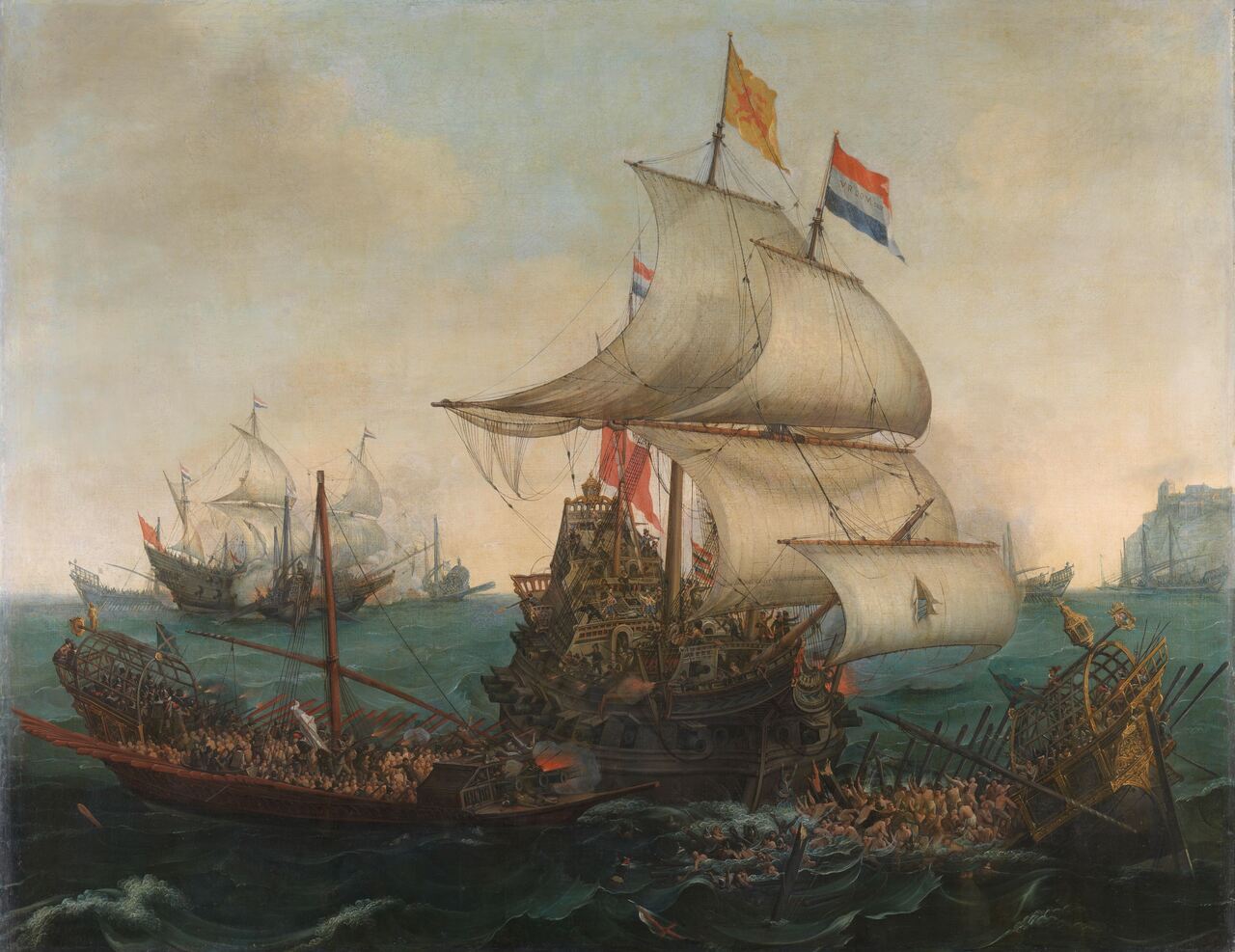 Hollandse schepen overzeilen Spaanse galeien onder de Engelse kust, 3 oktober 1602, Hendrik Cornelisz. Vroom, 1617 - Rijksmuseum