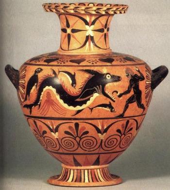 Antieke vaas uit Griekenland waarop Hercules een op een haai gelijkende zeemonster verslaat